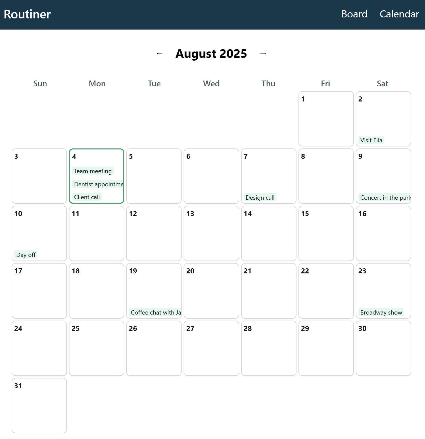 Routiner Calendar Example